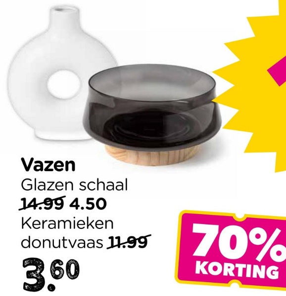 Vazen
Glazen schaal
14.99 4.50
Keramieken
donutvaas 11.99
70%
3.60
KORTING