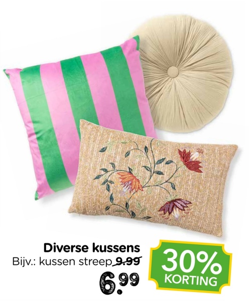 Diverse kussens
Bijv.: kussen streep 9.99
6.99
30%
KORTING