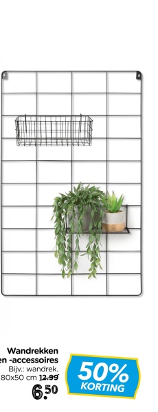 Wandrekken
en -accessoires
Bijv.: wandrek.
80x50 cm 12.99
6.50
50%
KORTING