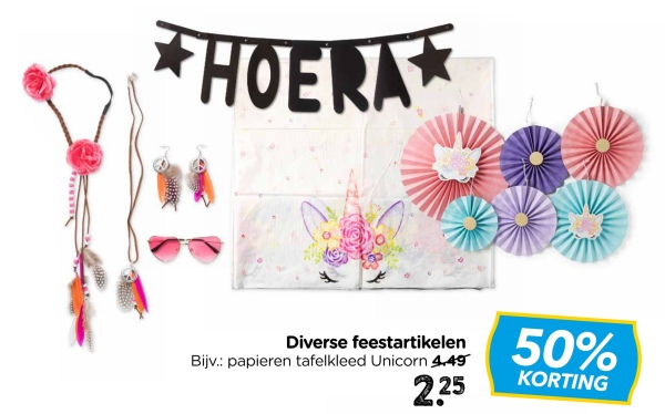 *HOERA
Diverse feestartikelen
Bijv.: papieren tafelkleed Unicorn 4.49
2.25
50%
KORTING