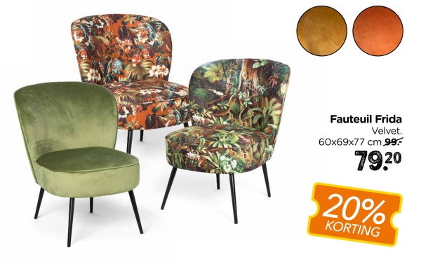 Fauteuil Frida
Velvet.
60x69x77 cm 99.-
79.20
20%
KORTING