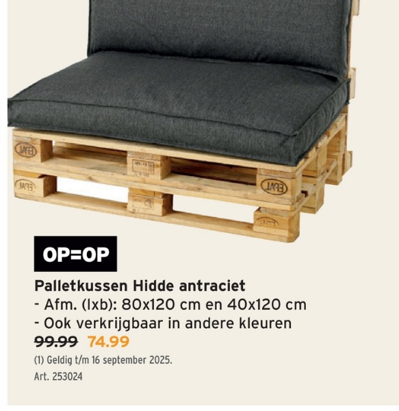 FED
JARE
OP=OP
Palletkussen Hidde antraciet
- Afm. (lxb): 80x120 cm en 40x120 cm
- Ook verkrijgbaar in andere kleuren
99.99 74.99
(1) Geldig t/m 16 september 2025.
Art. 253024
