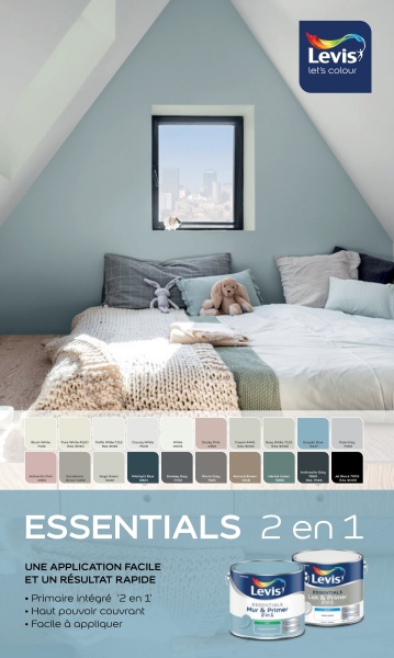 Levis*
let's colour
ESSENTIALS 2 en 1
UNE APPLICATION FACILE
ET UN RÉSULTAT RAPIDE
Primaire intégré 2 en 1'
⚫Hout pouvoir couvrant
•Facile à appliquer
Levis
Mur & Primer
Levis
