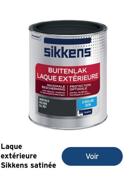 Laque
NoNobel
sikkens
BUITENLAK
LAQUE EXTÉRIEURE
BESCHERMING
MAXIMALE | PROTECTION
voor deuren, kozijnen
en gevelbetimmeringen
ZWARTGRIJS
GRIS NOUR
RAL 7021
OPTIMALE
portes, fenêtres.
bardages et volets
ZIJDEGLANS
SATIN
extérieure
Sikkens satinée
Voir