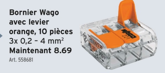 Bornier Wago
avec levier
orange, 10 pièces
-
3x 0,2 4 mm²
Maintenant 8.69
Art. 558681
WAGO
221