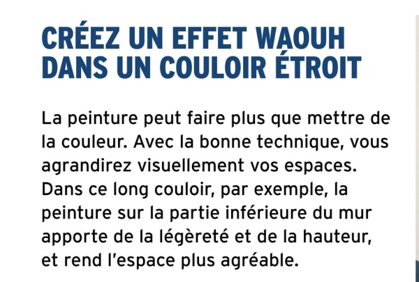 CRÉEZ UN EFFET WAOUH
DANS UN COULOIR ÉTROIT
La peinture peut faire plus que mettre de
la couleur. Avec la bonne technique, vous
agrandirez visuellement vos espaces.
Dans ce long couloir, par exemple, la
peinture sur la partie inférieure du mur
apporte de la légèreté et de la hauteur,
et rend l'espace plus agréable.