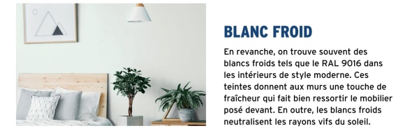 BLANC FROID
En revanche, on trouve souvent des
blancs froids tels que le RAL 9016 dans
les intérieurs de style moderne. Ces
teintes donnent aux murs une touche de
fraîcheur qui fait bien ressortir le mobilier
posé devant. En outre, les blancs froids
neutralisent les rayons vifs du soleil.