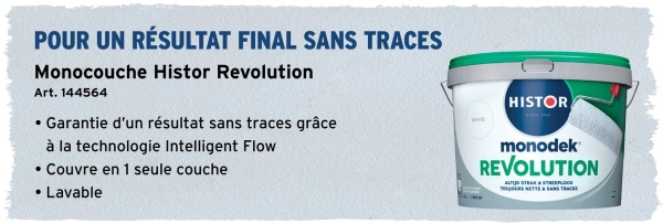 POUR UN RÉSULTAT FINAL SANS TRACES
Monocouche Histor Revolution
Art. 144564
Garantie d'un résultat sans traces grâce
à la technologie Intelligent Flow
• Couvre en 1 seule couche
• Lavable
HISTOR
monodek
REVOLUTION
ALTIJO STRAK & STREE