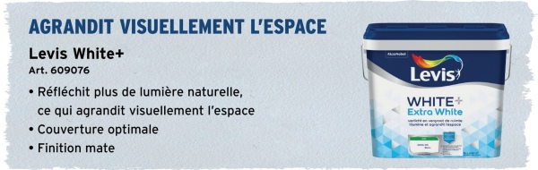 AGRANDIT VISUELLEMENT L'ESPACE
Levis White+
Art. 609076
⚫Réfléchit plus de lumière naturelle,
ce qui agrandit visuellement l'espace
Couverture optimale
• Finition mate
Levis
WHITE+
Extra White