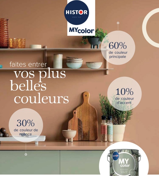 HISTOR
SINCE 19
faites entrer
vos plus
belles
couleurs
30%
de couleur de
nuance
MYcolor
60%
de couleur
principale
10%
de couleur
d'accent
HISTOR
MY
color