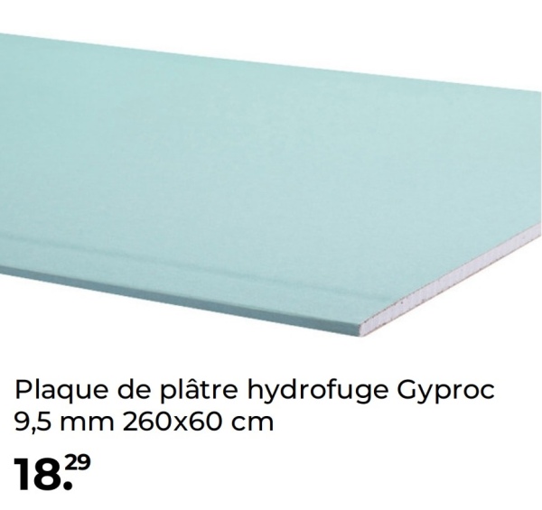 Plaque de plâtre hydrofuge Gyproc
9,5 mm 260x60 cm
1829