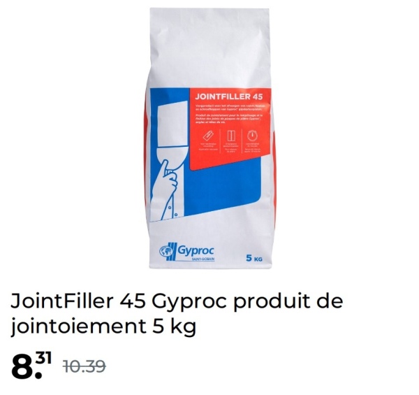 JOINTFILLER 45
Π
Gyproc
SANT-GOBAIM
5 ко
Joint Filler 45 Gyproc produit de
jointoiement 5 kg
8.31
10.39