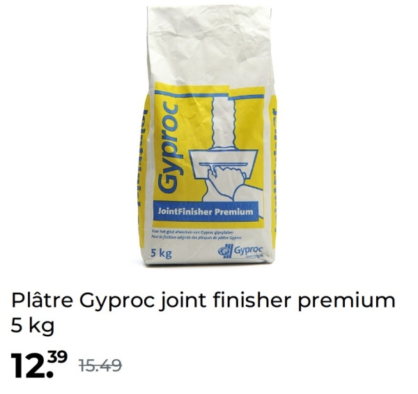 Gyproc
JointFinisher Premium
Voer het glad afwerken van Gyproc gipsplaten
Peur is finition selgnée des plaques de platre Gy
5 kg
Gyproc
Plâtre Gyproc joint finisher premium
5 kg
12.39 15.49