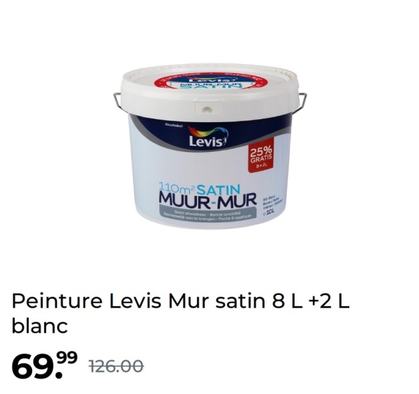 Levis
25%
GRATIS
110m² SATIN
MUUR-MUR
8+76
Peinture Levis Mur satin 8 L +2 L
blanc
126.00
