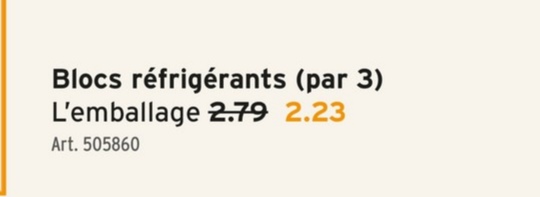 Blocs réfrigérants (par 3)
L'emballage 2.79 2.23
Art. 505860