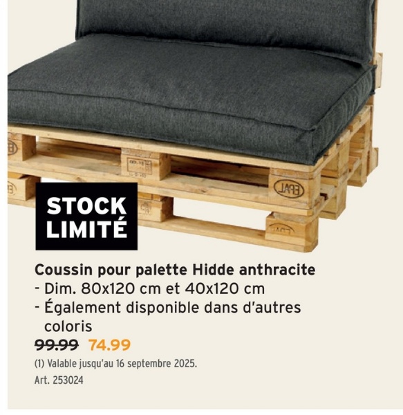 JARE
STOCK
LIMITÉ
Coussin pour palette Hidde anthracite
- Dim. 80x120 cm et 40x120 cm
- Également disponible dans d'autres
coloris
99.99 74.99
(1) Valable jusqu'au 16 septembre 2025.
Art. 253024