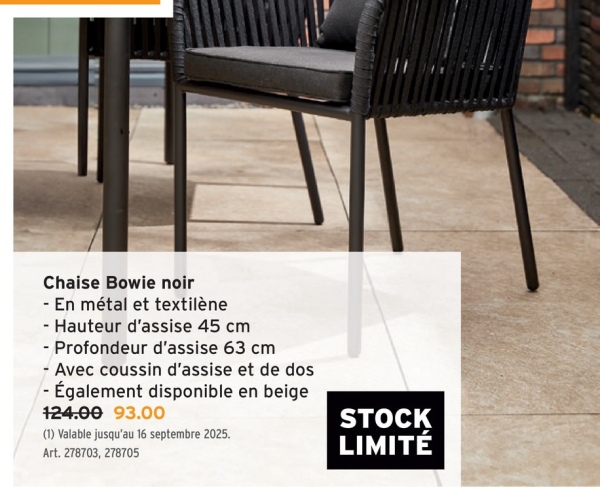 Chaise Bowie noir
- En métal et textilène
- Hauteur d'assise 45 cm
- Profondeur d'assise 63 cm
- Avec coussin d'assise et de dos
- Également disponible en beige
124.00 93.00
(1) Valable jusqu'au 16 septembre 2025.
Art. 278703, 278705
STOCK
LIMITÉ