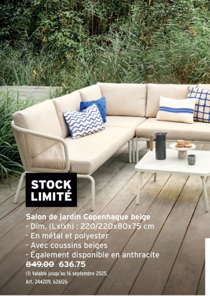 STOCK
LIMITÉ
Salon de jardin Copenhague beige
- Dim. (Lxlxh): 220/220x80x75 cm
- En métal et polyester
- Avec coussins beiges
- Également disponible en anthracite
849.00 636.75
(1) Valable jusqu'au 16 septembre 2025.
Art. 244209, 626126