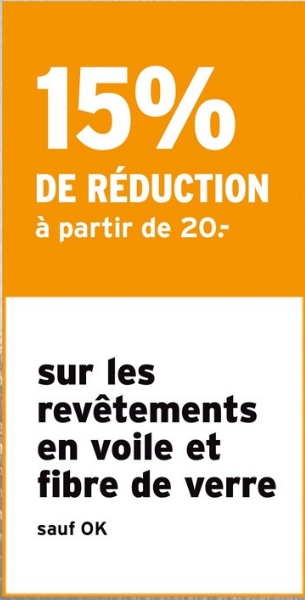 15%
DE RÉDUCTION
à partir de 20.-
sur les
revêtements
en voile et
fibre de verre
sauf OK