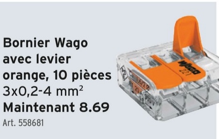 Bornier Wago
avec levier
orange, 10 pièces
3x0,2-4 mm²
Maintenant 8.69
Art. 558681
WAGO
221