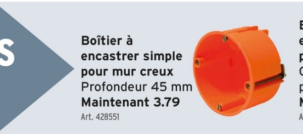 S
Boîtier à
encastrer simple
pour mur creux
Profondeur 45 mm
Maintenant 3.79
Art. 428551
E
е
F
C
d
N
A