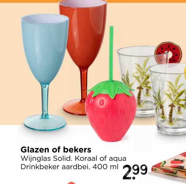Glazen of bekers
Wijnglas Solid. Koraal of aqua
Drinkbeker aardbei. 400 ml
299