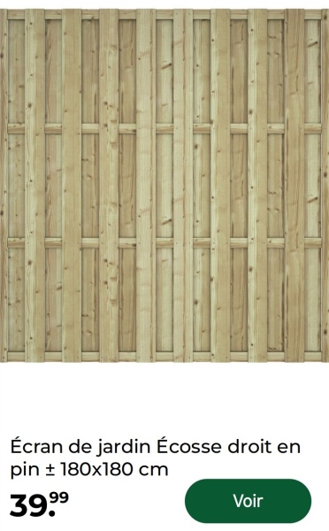 Écran de jardin Écosse droit en
pin ± 180x180 cm
39,99
Voir