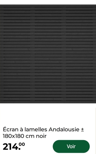 Écran à lamelles Andalousie +
180x180 cm noir
214.00
Voir