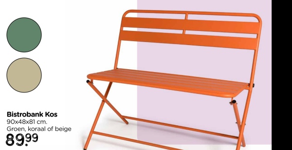 Bistrobank Kos
90x48x81 cm.
Groen, koraal of beige
89.99