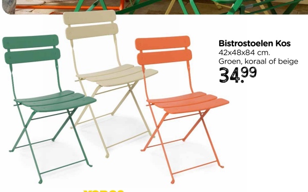 Bistrostoelen Kos
42x48x84 cm.
Groen, koraal of beige
34.99