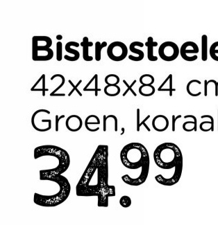 Bistrostoele
42x48x84 cm
Groen, koraa
34.99