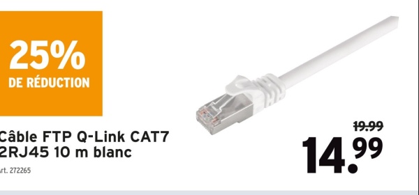 25%
DE RÉDUCTION
19.99
Câble FTP Q-Link CAT7
2RJ45 10 m blanc
rt. 272265
14.99