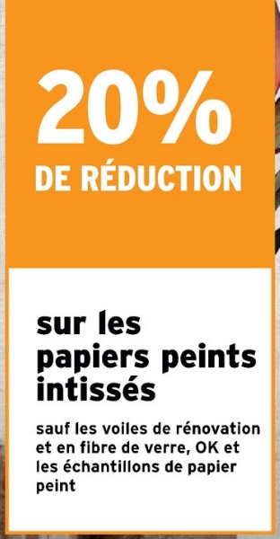 20%
DE RÉDUCTION
sur les
papiers peints
intissés
sauf les voiles de rénovation
et en fibre de verre, OK et
les échantillons de papier
peint