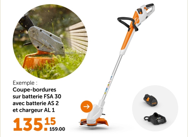 Exemple:
Coupe-bordures
sur batterie FSA 30
avec batterie AS 2
et chargeur AL 1
13515
159.00
->