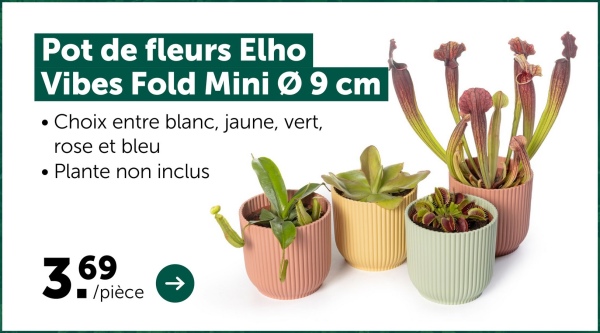 Pot de fleurs Elho
Vibes Fold Mini Ø 9 cm
Choix entre blanc, jaune, vert,
rose et bleu
• Plante non inclus
3.69
/pièce
->