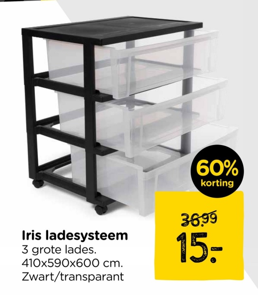 Iris ladesysteem
3 grote lades.
410x590x600 cm.
Zwart/transparant
60%
korting
36.99
15: