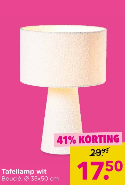 Tafellamp wit
Bouclé. Ø 35x50 cm
41% KORTING
29.99
17.50