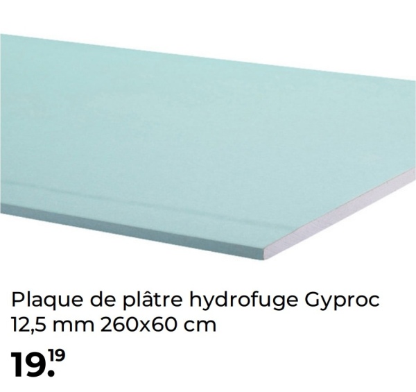 Plaque de plâtre hydrofuge Gyproc
12,5 mm 260x60 cm
19.9