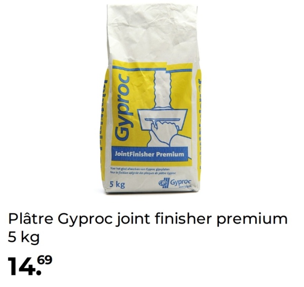 Gyproc
JointFinisher Premium
Voer het glad afwerken van Gyproc gipsplaten
Peur is finition selgnée des plaques de platre Gy
5 kg
Gyproc
Plâtre Gyproc joint finisher premium
5 kg
14.69