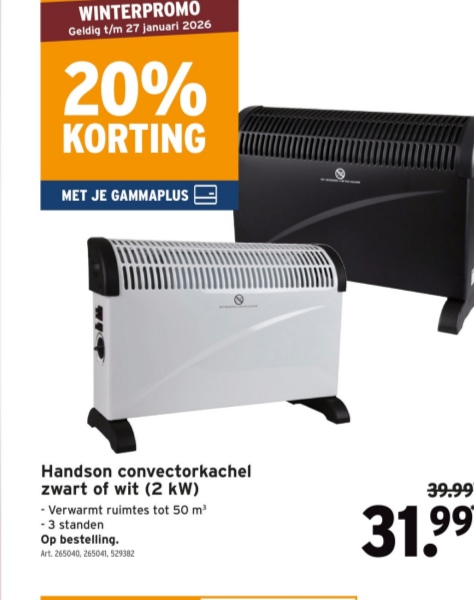 Handson convectorkachel zwart of wit (2 kW)