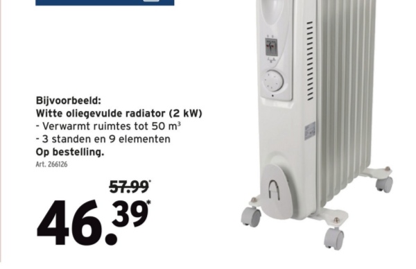 Witte oliegevulde radiator (2 kW)