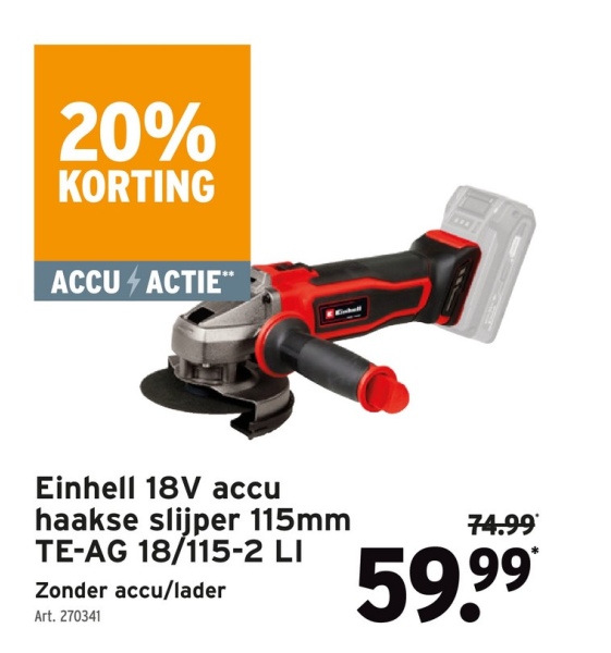 Einhell 18V accu haakse slijper 115mm TE-AG 18/115-2 LI