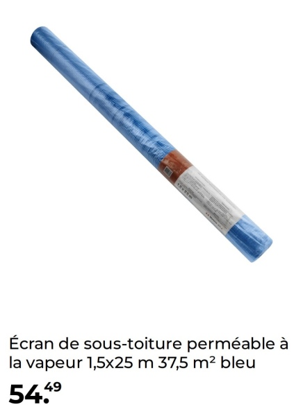 Écran de sous-toiture perméable à
la vapeur 1,5x25 m 37,5 m² bleu
54.49