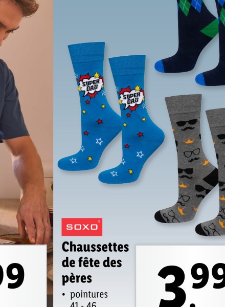 SUPER
DAD
SUPER
DAD
9
SOXO
Chaussettes
de fête des
pères
⚫ pointures
41 - 46
399