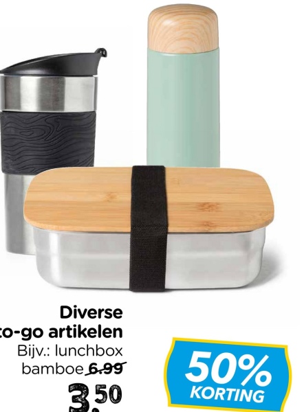 Diverse
Co-go artikelen
Bijv.: lunchbox
bamboe 6.99
3.50
50%
KORTING