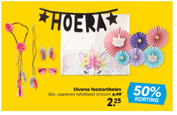HOERA
Diverse feestartikelen
Bijv.: papieren tafelkleed Unicorn 4.49
2.25
50%
KORTING
