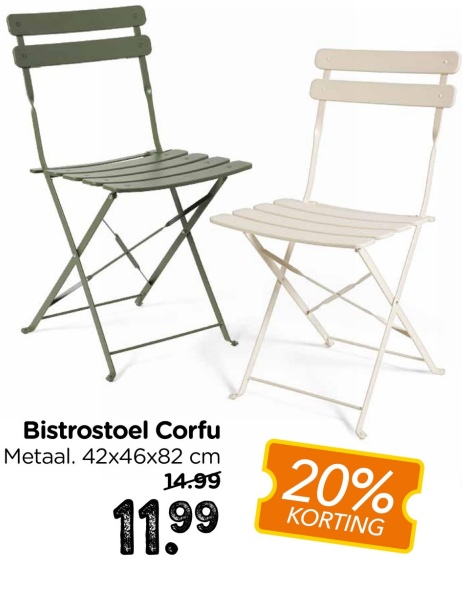 Bistrostoel Corfu
Metaal. 42x46x82 cm
14.99
11.99
20%
KORTING