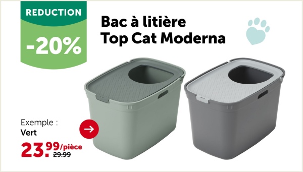 REDUCTION
-20%
Exemple:
Vert
2399/pièce
■ 29.99
Bac à litière
Top Cat Moderna